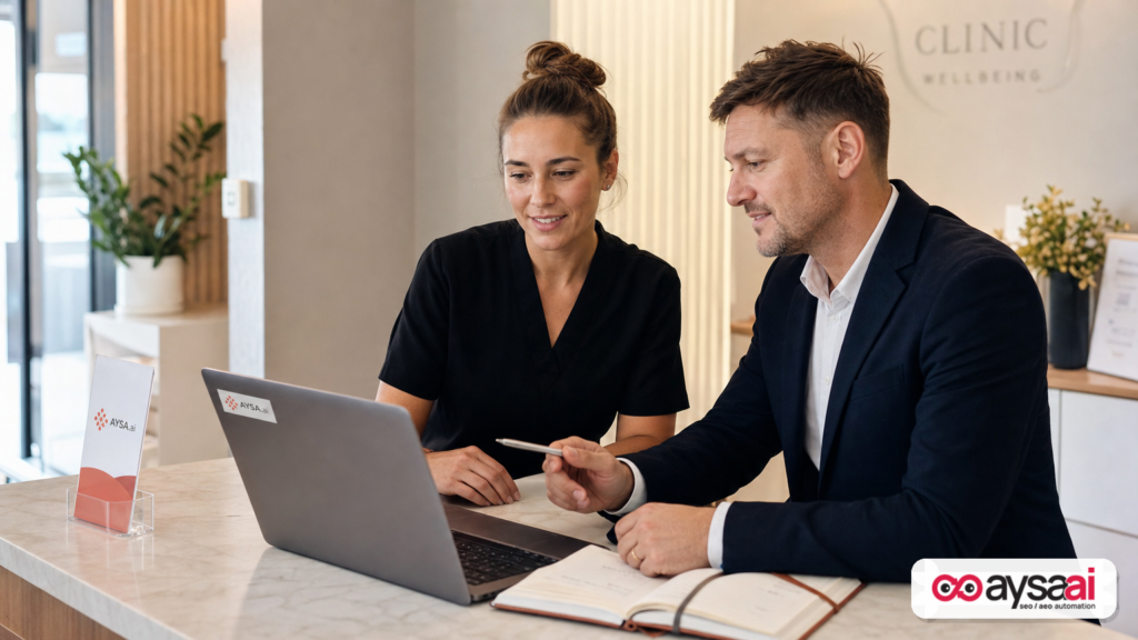 A clinic team member and agency partner reviewing lead performance and next steps.