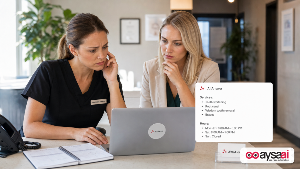 A clinic team noticing an AI answer misrepresenting their services and hours on a laptop.