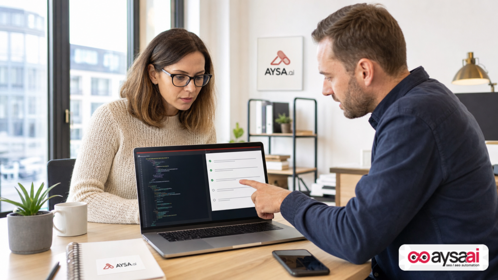 A consultant reviewing a website’s HTML structure with a business owner during an agent-readiness audit.