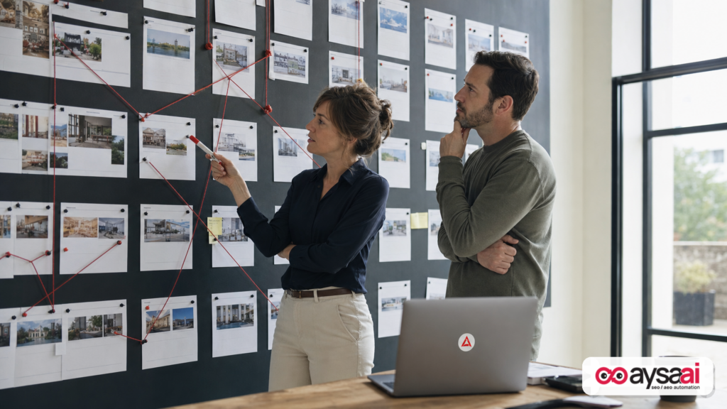 A content wall showing many overlapping pages being flagged for consolidation.