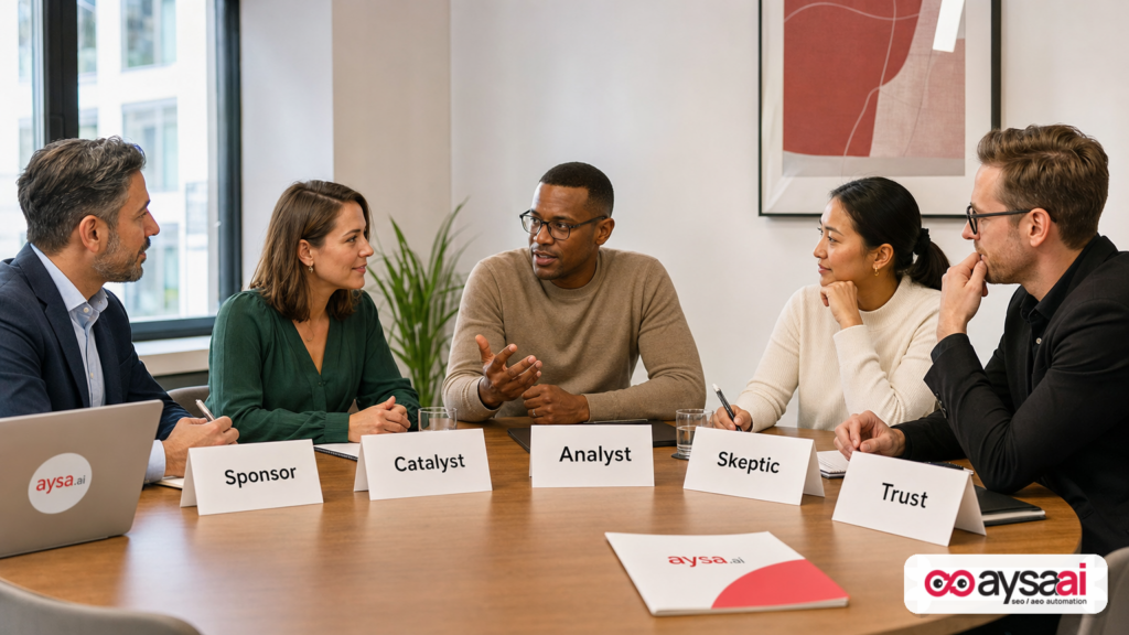 A cross-functional group assigned change roles to build alignment for AI search execution.