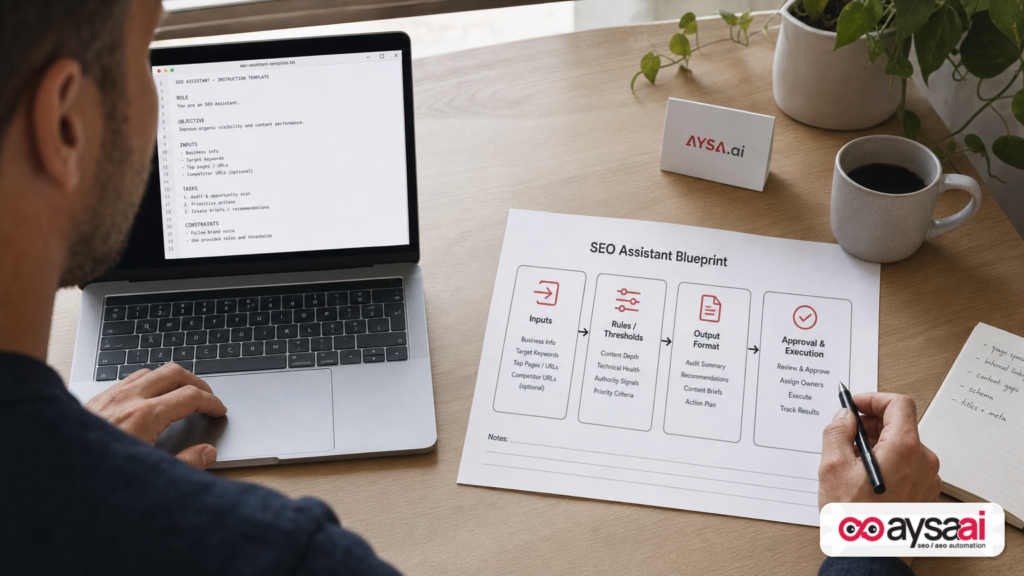 A desk layout showing an SEO assistant blueprint with inputs, rules, outputs, and approval steps.