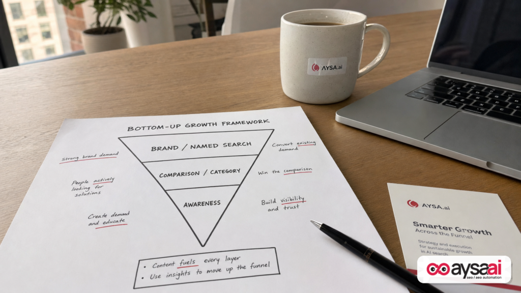 A desk photo showing a simple reversed marketing funnel diagram emphasizing brand and comparison before awareness.