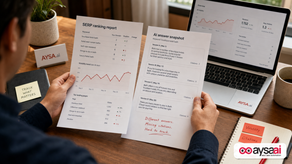 A desk scene comparing a traditional SERP report to changing AI answer snapshots to show volatility.