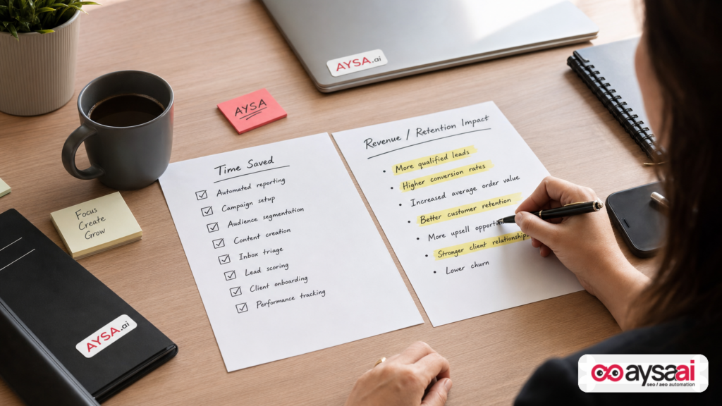 A desk scene showing a comparison between time-saved metrics and revenue-impact metrics for marketing AI.