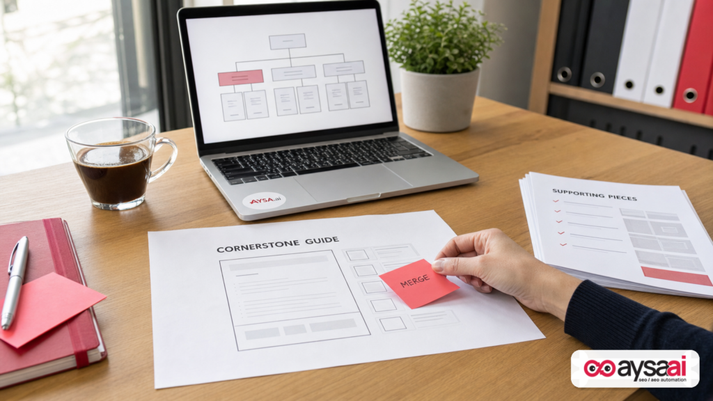 A desk scene showing consolidation into a cornerstone guide with supporting content.