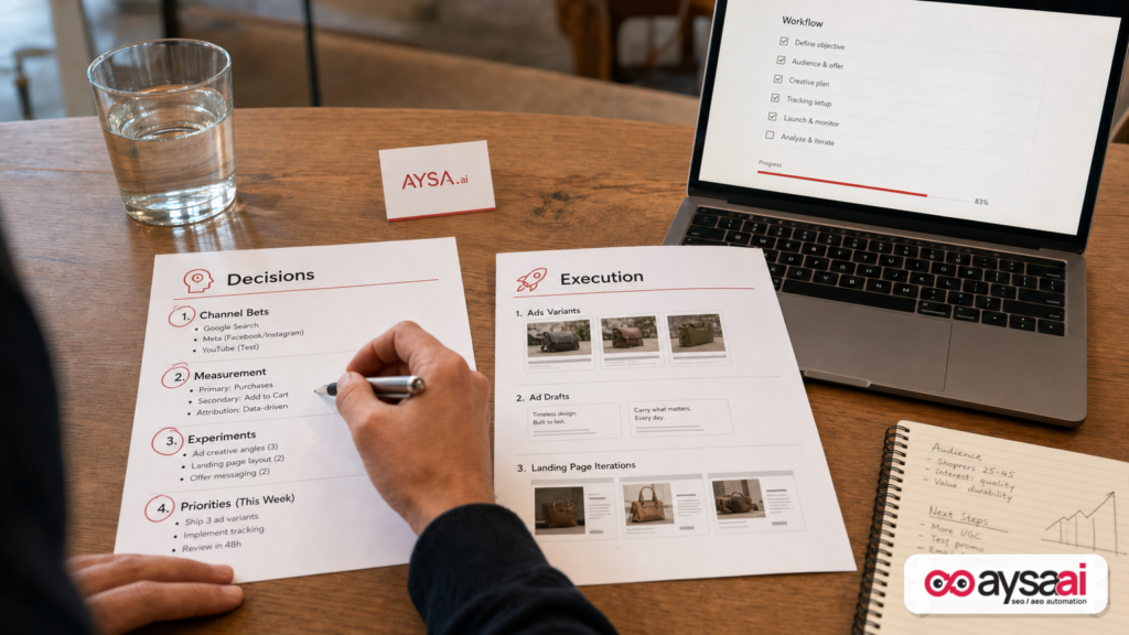 A desk with two sheets separating marketing decisions from execution tasks, highlighting that decisions drive outcomes in 2026.