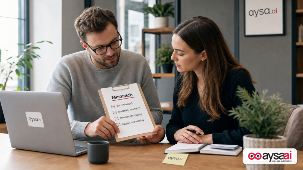 A developer and operations manager review a checklist of ecommerce data mismatches.