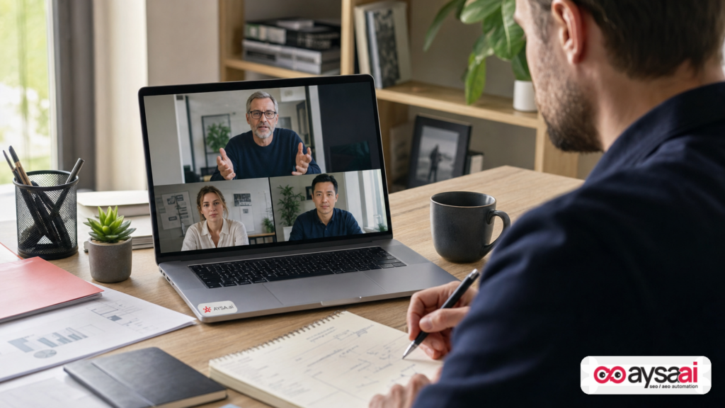A founder and growth lead coordinating contractors on a video call to run a lean growth marketing team.