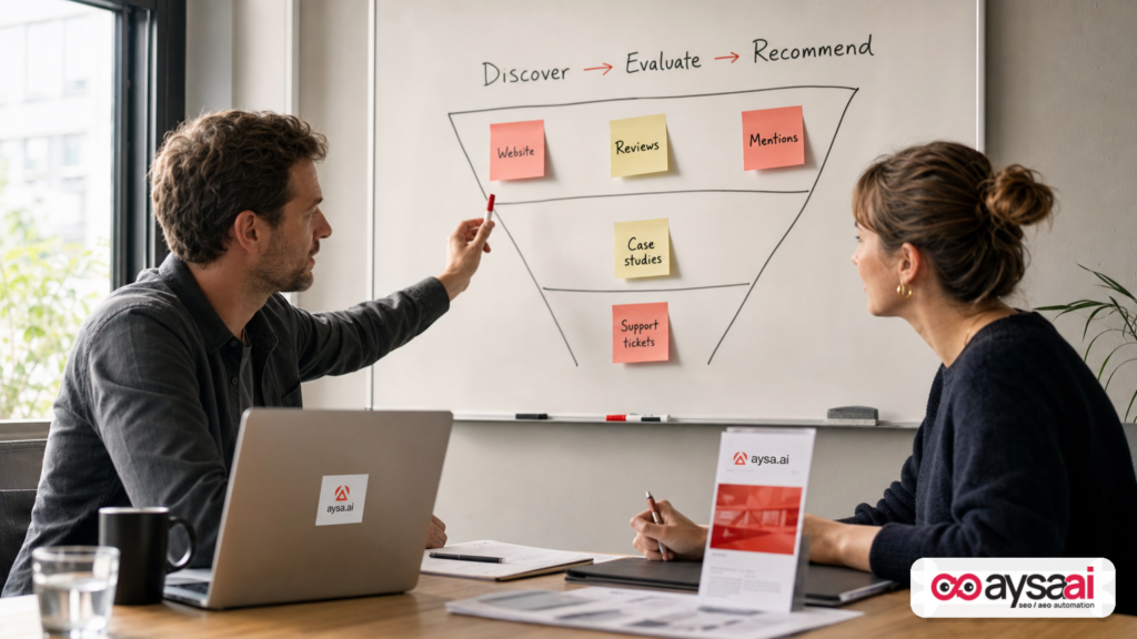 A founder and marketer map an AI recommendation funnel on a whiteboard using sticky notes for brand signals.