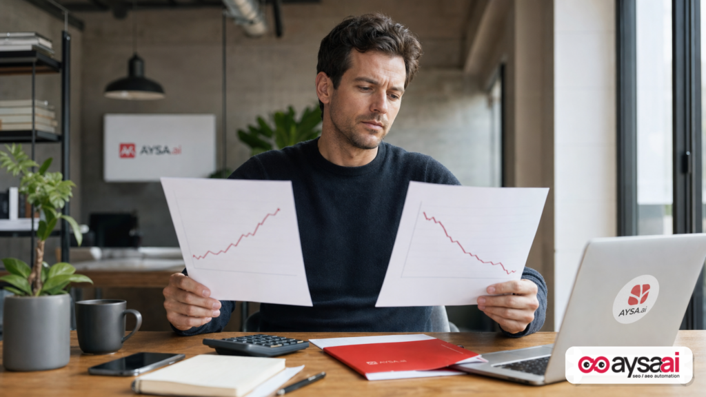 A founder compares two charts, one rising and one falling, representing impressions versus website clicks.