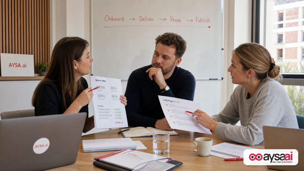 A founder, customer success lead, and SEO lead align on how to publish customer outcomes as proof.