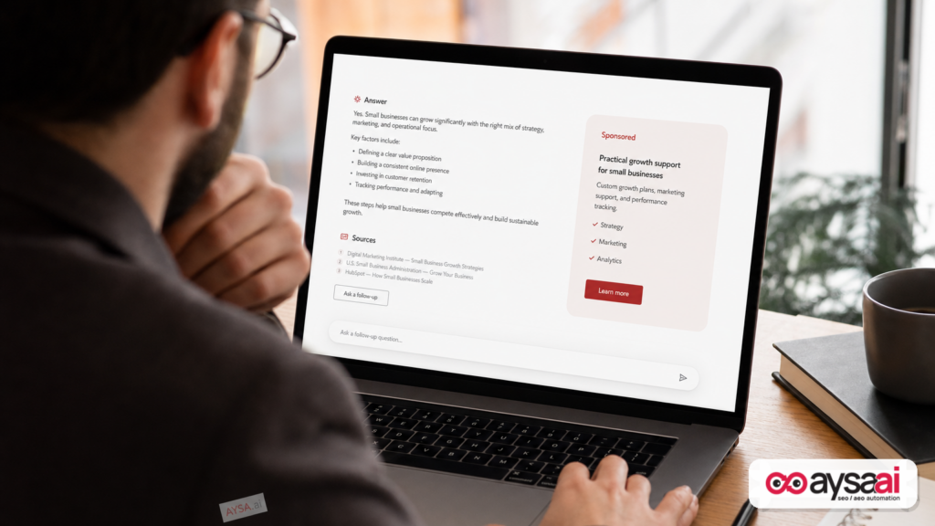 A generic AI search interface showing an AI answer with a clearly separated sponsored healthcare ad card.
