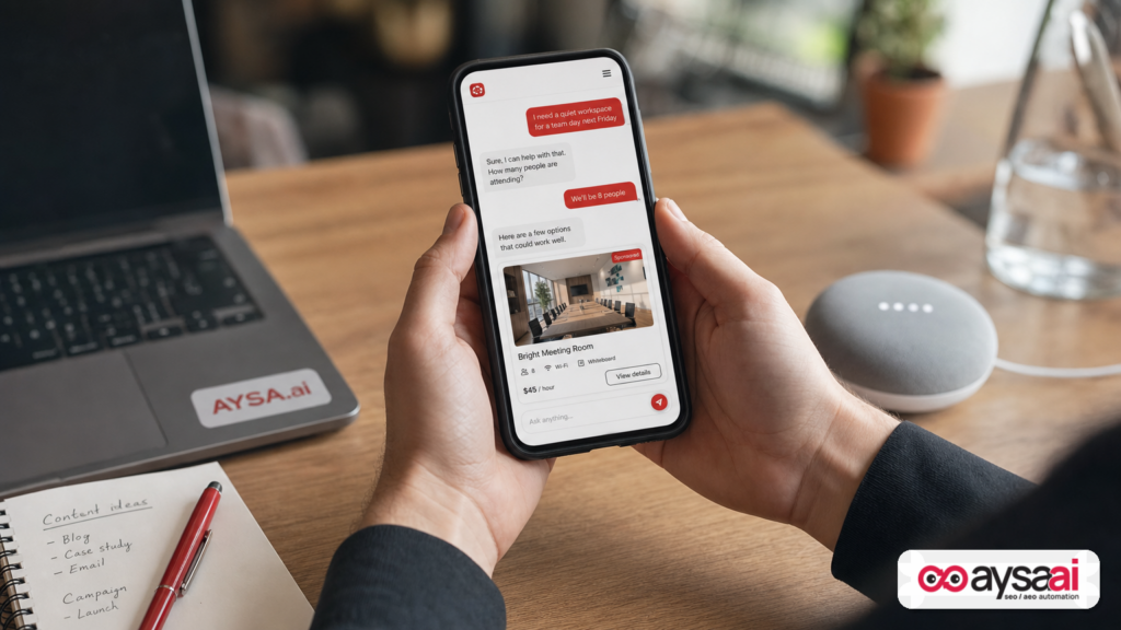 A generic shopping assistant chat suggesting products with a small sponsored label, next to a smart speaker.