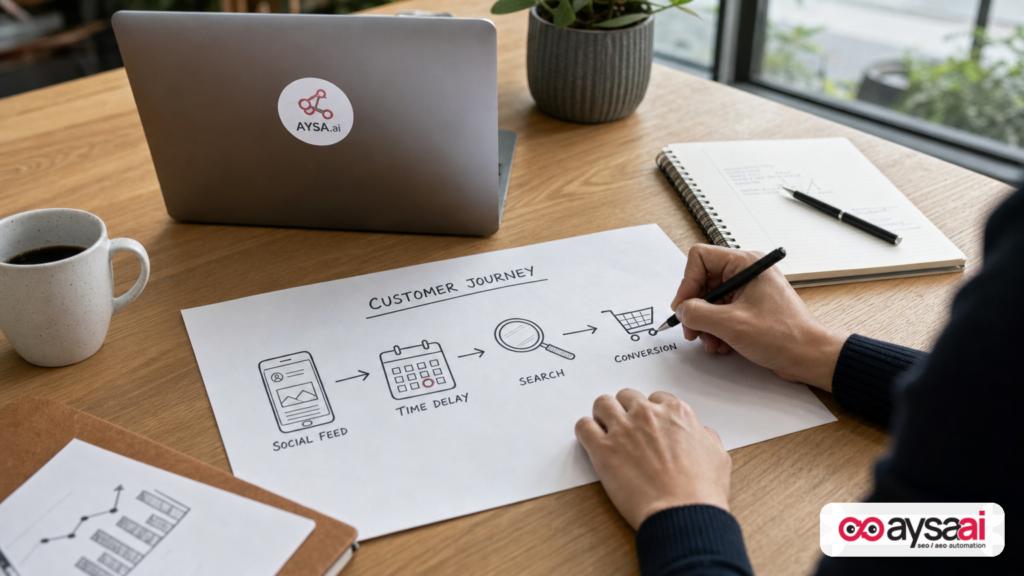 A hand-drawn customer journey map showing social discovery leading to search and conversion.