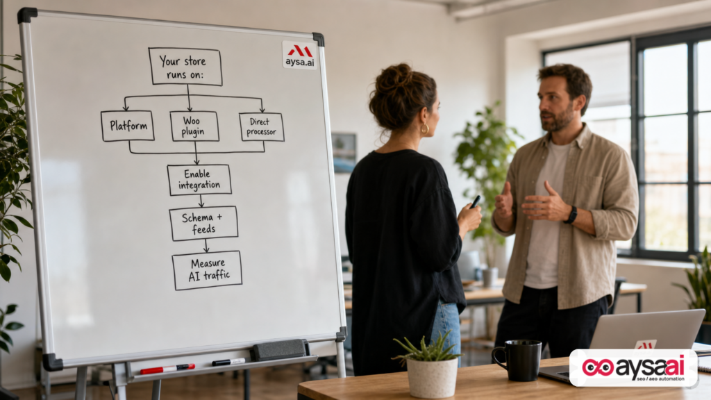 A hand-drawn decision tree on a whiteboard showing platform-first steps for agentic commerce readiness.