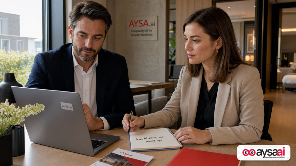 A hotel team reviews a booking flow showing how users go from an AI answer to a booking page.