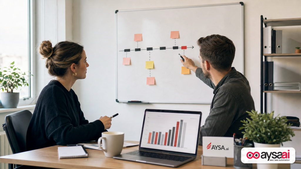 A marketer and bookkeeper reviewing a timeline on a whiteboard for ad spend reconciliation.