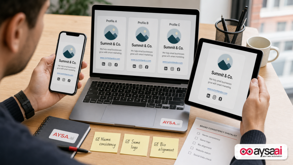 A marketer checks consistent brand profile details across multiple devices, representing entity and identity signals.