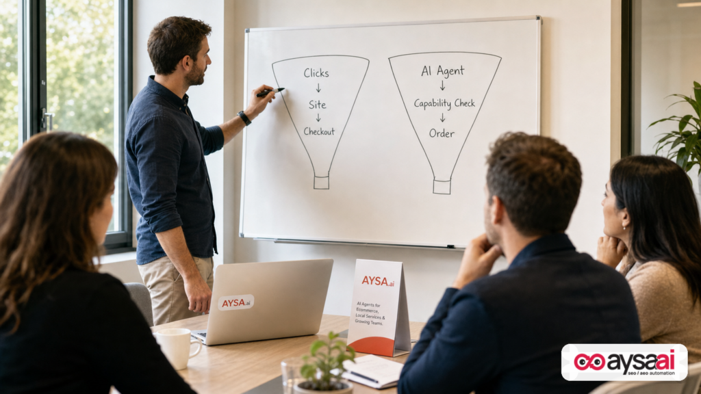A marketer compares a traditional ecommerce click funnel with an AI-agent purchase flow on a whiteboard.