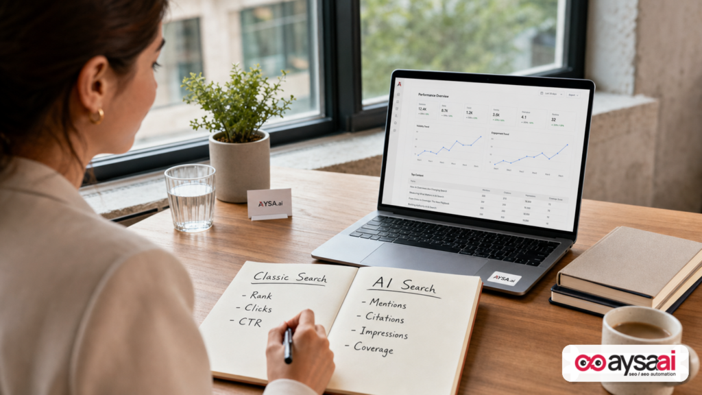 A marketer compares classic search metrics to AI search visibility metrics in notebooks next to a laptop.