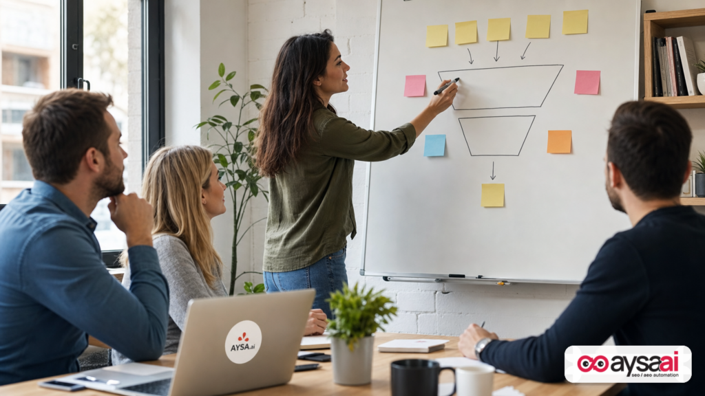 A marketer drawing a simplified funnel on a whiteboard with sticky notes and a laptop nearby.
