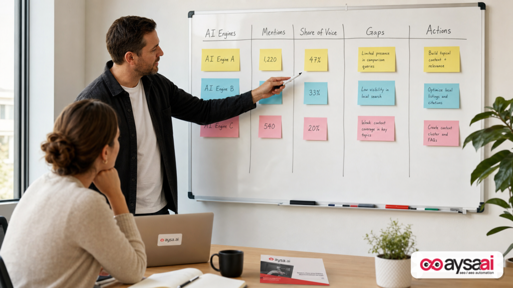 A marketer maps AI visibility metrics like mentions, share of voice, gaps, and actions on a whiteboard.