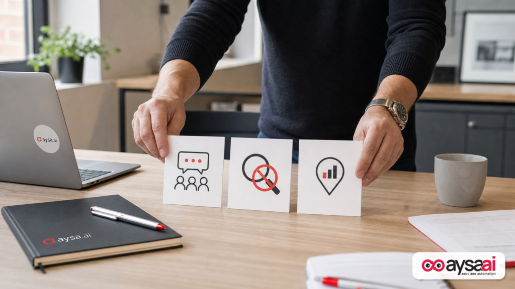 A marketer organizes three concept cards representing community rankings, zero-click searches, and local analytics consolidation.