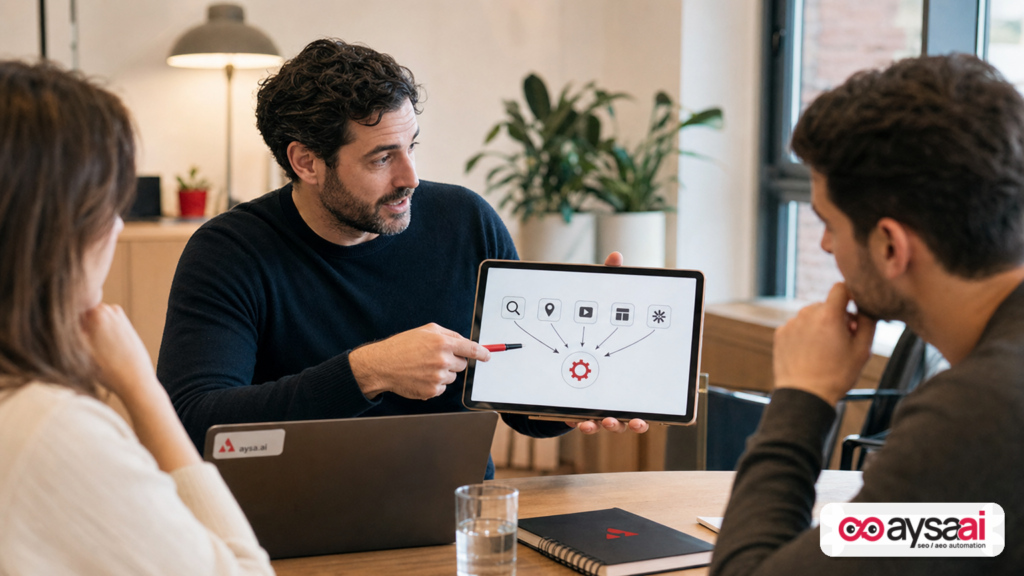 A marketer reviewing a multi-channel map converging into one automation hub.