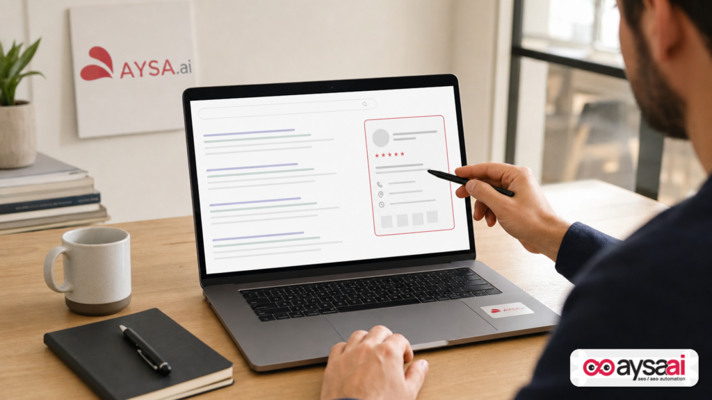 A marketer reviewing a simplified search results mock with a highlighted profile panel area.