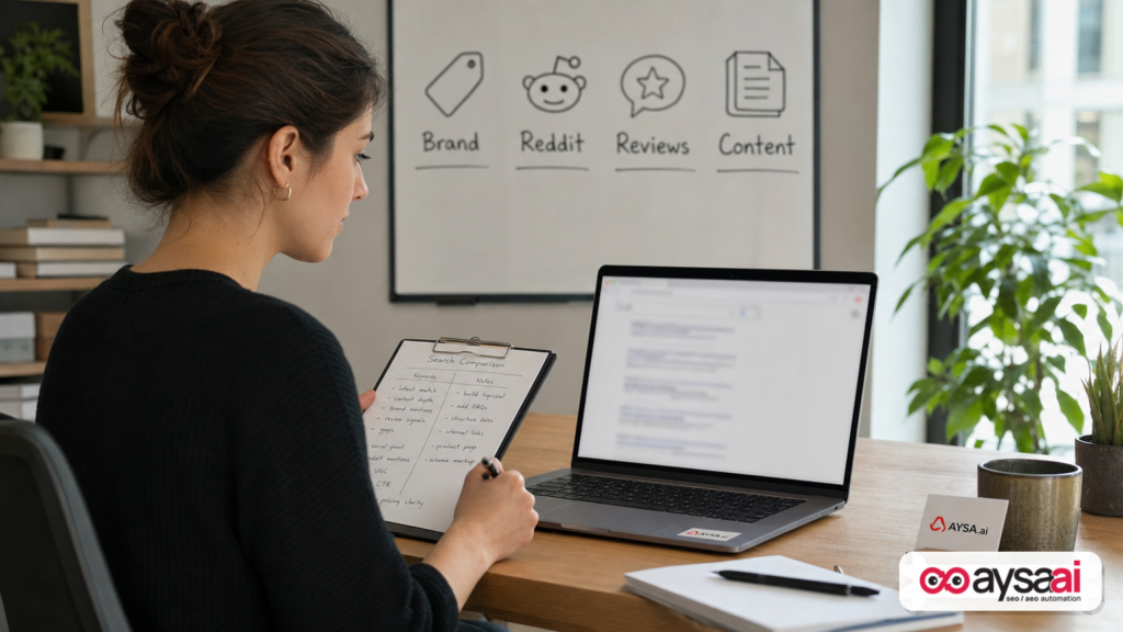 A marketer reviews notes comparing brand pages and community results in search.