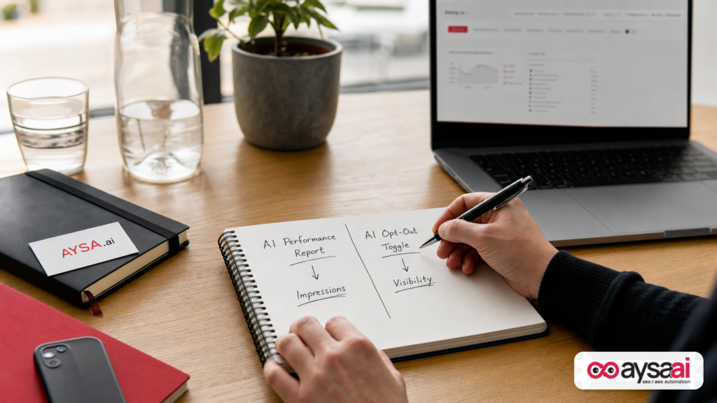 A marketer sketches a simple diagram comparing AI performance reporting vs AI opt-out controls.