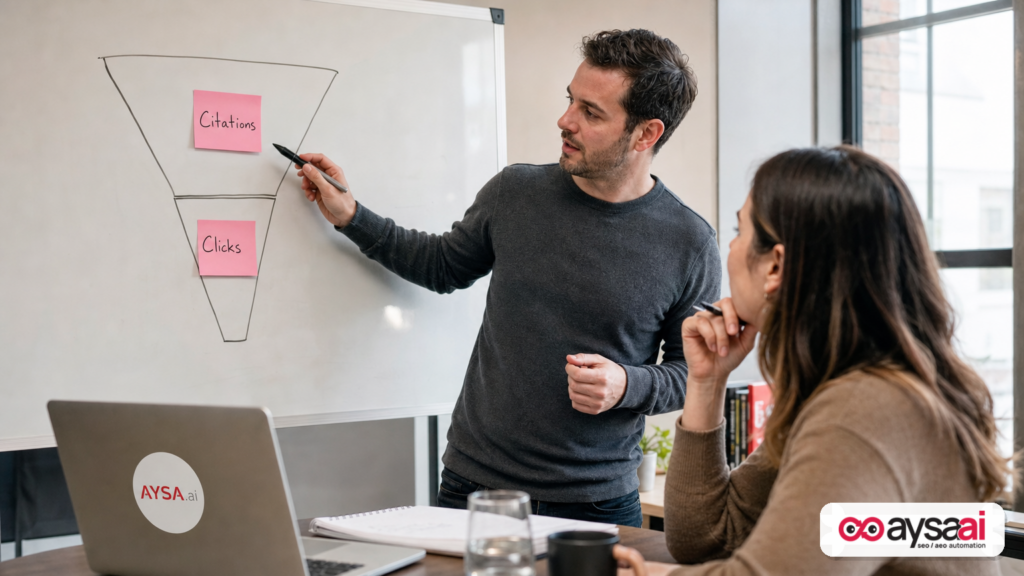 A marketer sketches a two-layer funnel separating AI citations from AI clicks on a whiteboard.