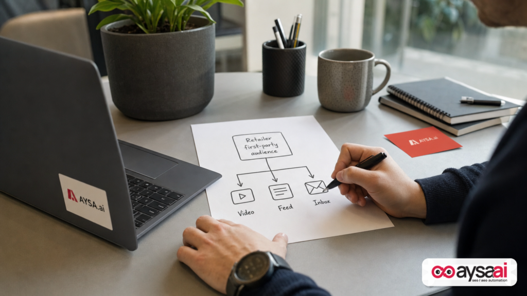 A marketer sketches how retailer audiences can be used across video, feed, and inbox placements.