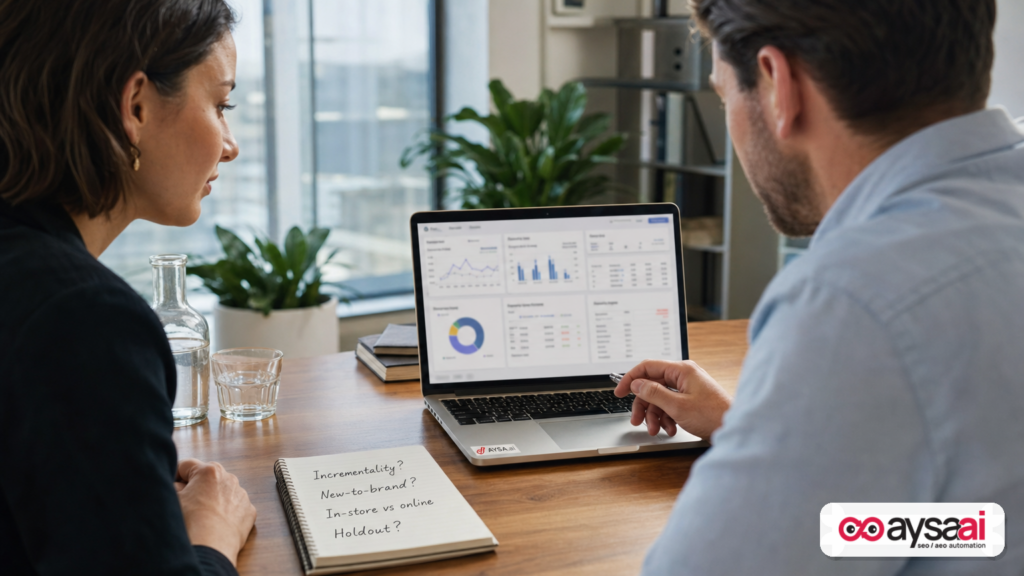 A marketing and finance team reviews campaign measurement questions.