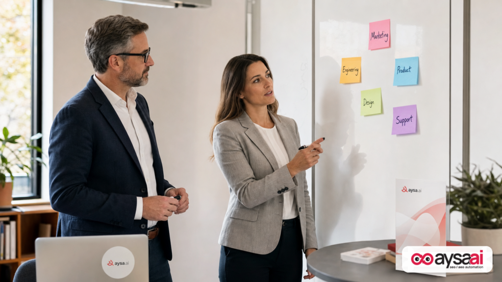 A marketing leader and CFO reviewing team function priorities at a whiteboard in a modern office.