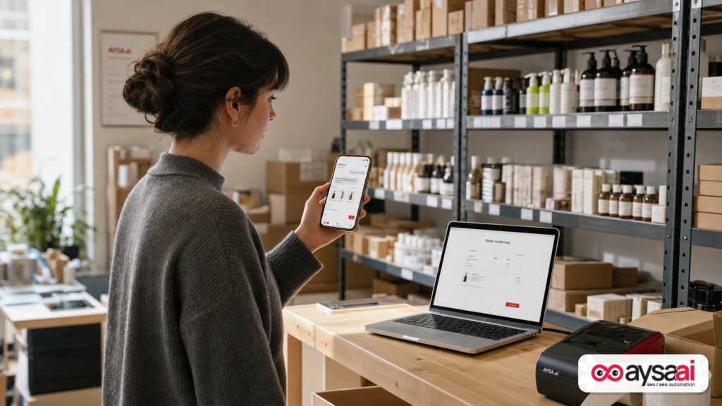 A merchant in a stockroom reviewing an AI-assisted purchase on a phone while orders are being packed.