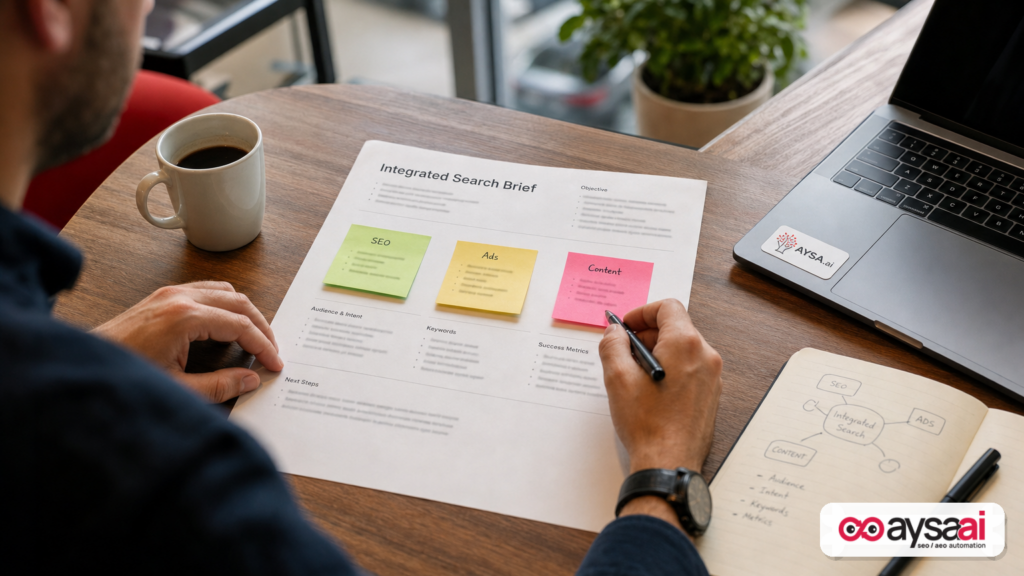 A one-page integrated search brief on a desk with sticky notes for SEO, ads, and content.