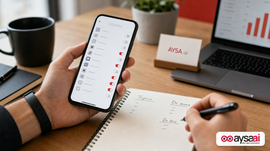 A person adjusting topic preferences on a generic social app while taking notes about content topics.
