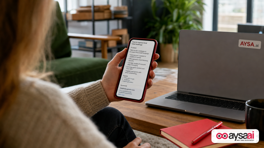 A person reviewing options on a phone where an AI answer includes both organic citations and a sponsored card.