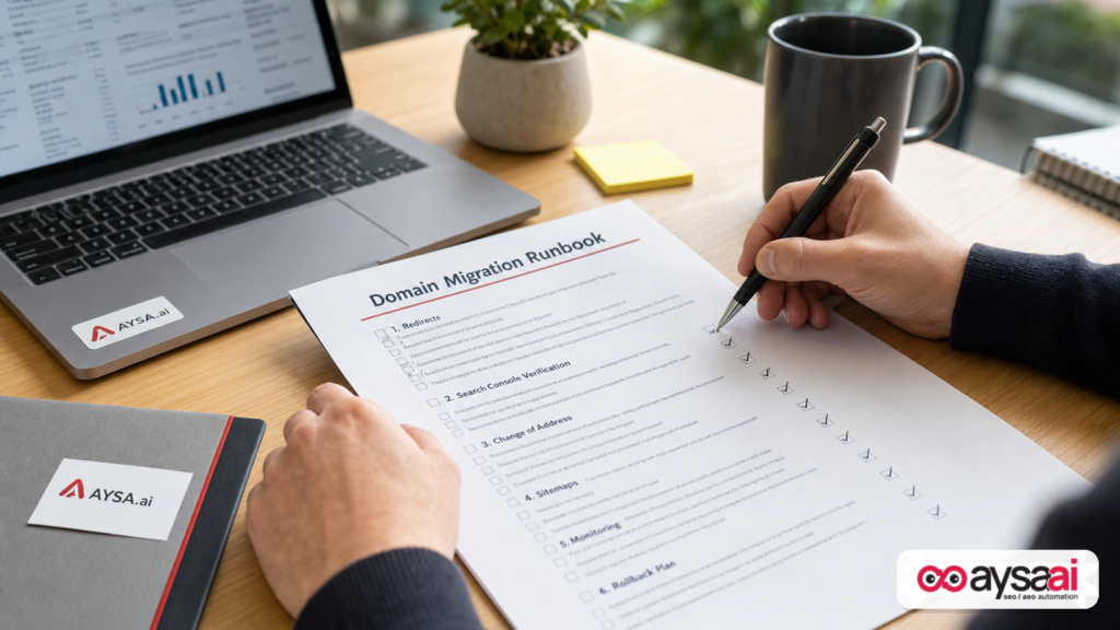 A printed migration runbook checklist for moving a website to a new domain without losing rankings.