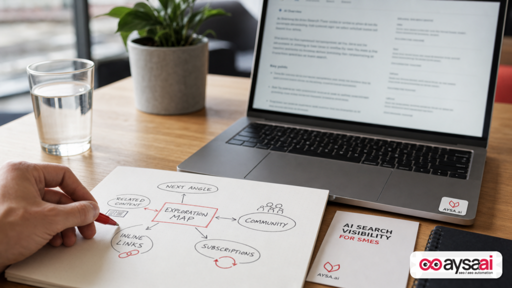 A research map and laptop illustrating how AI search guides users to explore sources and next steps.