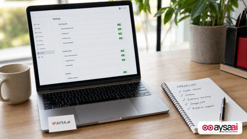 A small-business checklist next to an ecommerce admin screen showing AI commerce toggles turned on.
