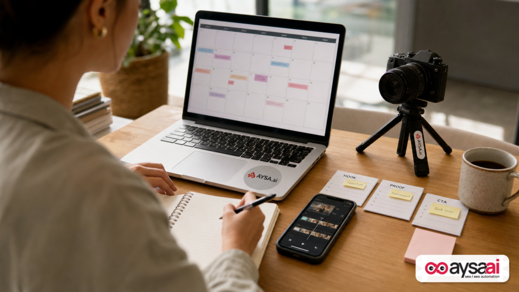 A small business content workstation with a content calendar and video setup for consistent topic-led posts.