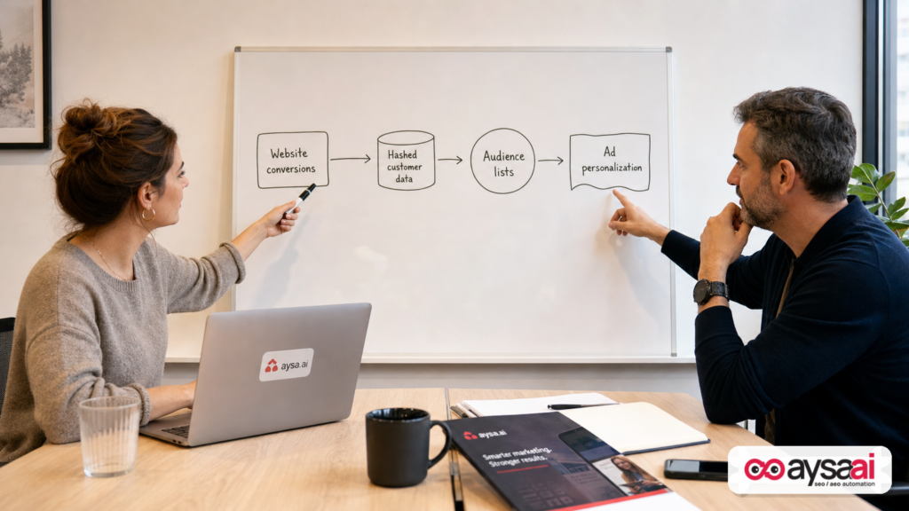 A small business owner and marketer reviewing a simple diagram of conversions feeding audience lists for advertising.