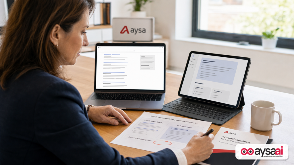A small business owner comparing classic search results to an AI-style answer summary and recommendations on a desk.