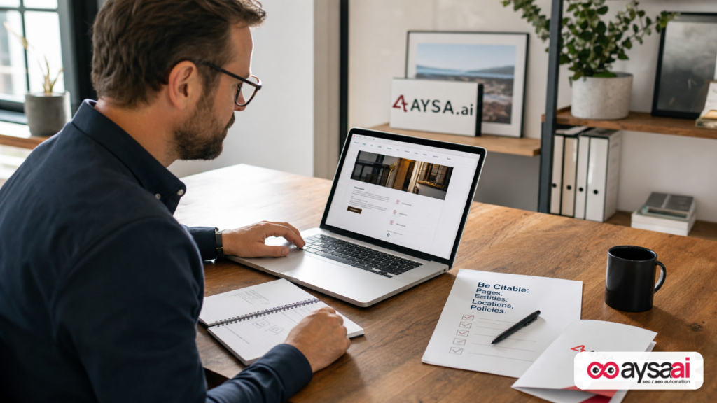 A small business owner reviewing an AI citation readiness checklist next to their website on a laptop.