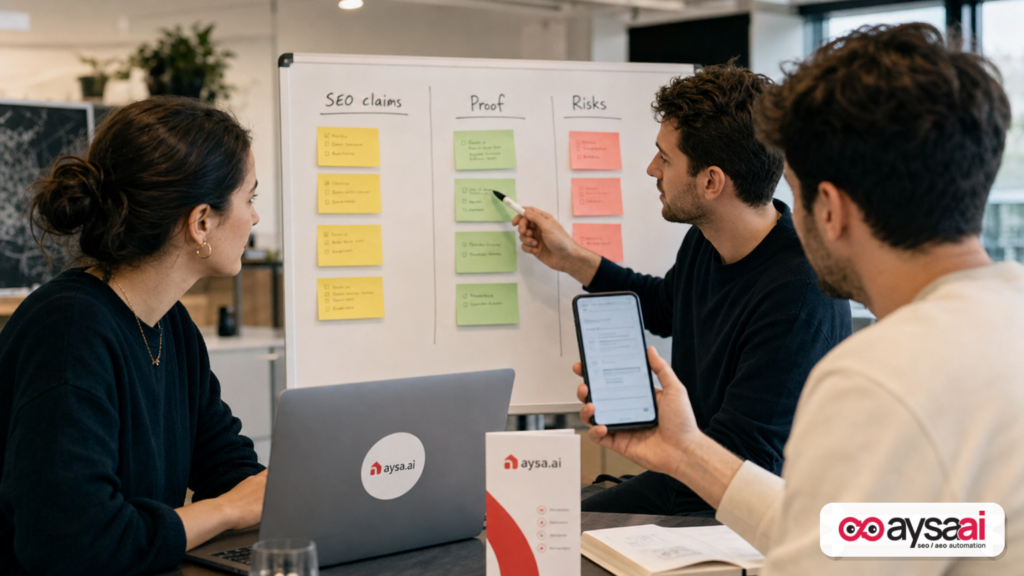 A small business team compares SEO claims, proof, and risks using a checklist.