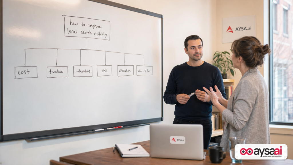 A small business team maps a decision-tree of follow-up questions that come after an initial search.