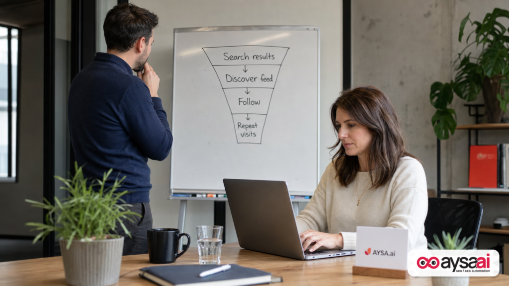 A small team maps a shift from search results to a Discover-style feed and following sources on a whiteboard.